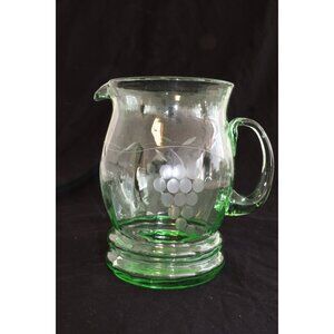 Vtg Mid Century Modern Green Glass Faceted Pitcher Grape Pattern Etched In Glass